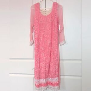 Pink Floral Indian Suit with Lace & Sheer Sleeves- XS New